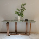 Teal Green Stone Console Table with Parallel Tubular Rose Gold Metal Base